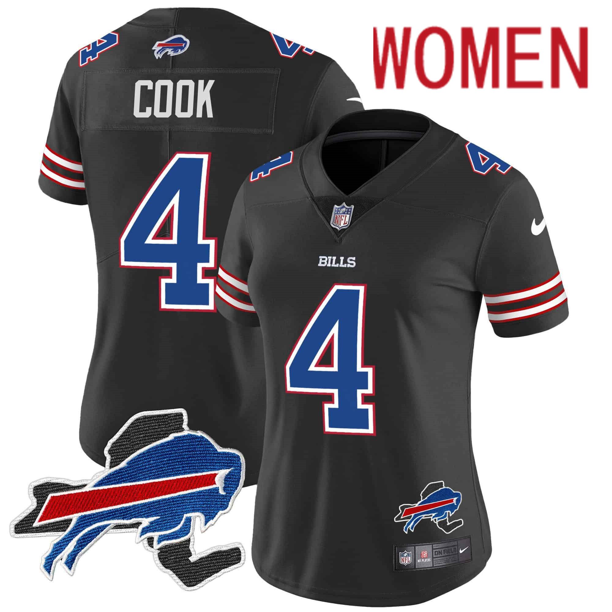 Women Buffalo Bills #4 Cook Black 2024 Nike Patch Vapor Limited NFL Jersey style 1